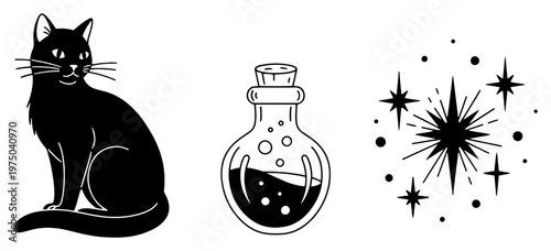 Black cat and magic potion bottle with sparkling stars in mystical silhouette style
