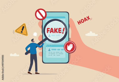 Fake news, false information sharing on social media, hoax or lies censorship, fake website cheating, scam or dishonesty report concept, man magnifying glass on social media as fake news atte