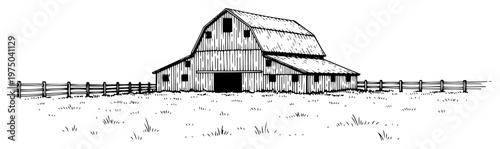 Rustic wooden farm barn in rural landscape with fence in vintage engraving style