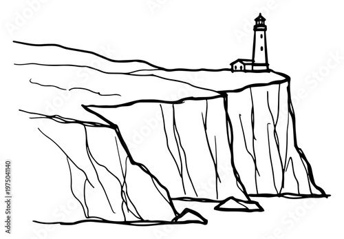 Lighthouse standing on steep rocky cliff edge overlooking the sea in minimalist sketch style