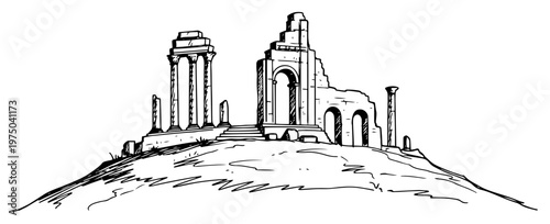 Ancient temple ruins with arches and columns on a hill in hand drawn sketch style