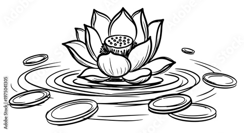 Lotus flower floating on water surface with ripples in hand drawn sketch style