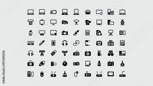 Set of 64 Black Technology Gadget Line Icons Vector