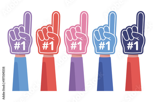 Fan gloves illustration set, cartoon hands wearing colorful foam finger and fan gloves with number one sign, representing sports support, football fans, team spirit, and event banner or landing page d
