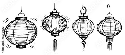 Asian paper lanterns collection for festivals in hand drawn sketch style