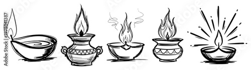 Diwali oil lamps with burning flames in traditional hand drawn sketch style