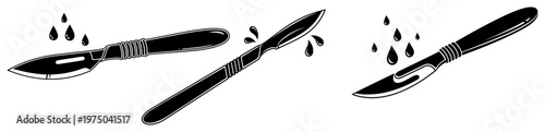 Surgical scalpels with dripping liquid drops in bold black and white graphic style