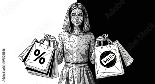Woman holding shopping bags with sale signs.