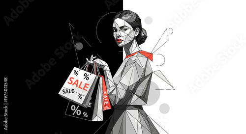 Woman holding shopping bags with sale signs.