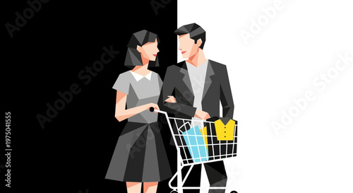 Couple shopping with cart and goods.
