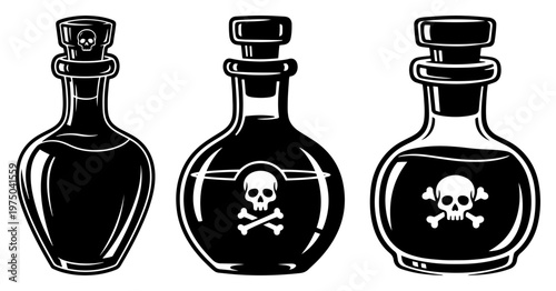 Schilderij op canvas Poison potion bottles with skull and crossbones symbols in black and white vecto