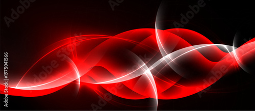 Abstract red lines, curves, waves against black background. Dynamic energy, modern design, glowing effect present.