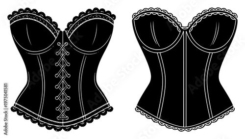 Cuadro en lienzo Female corset bodices with lace details in black and white silhouette vector sty
