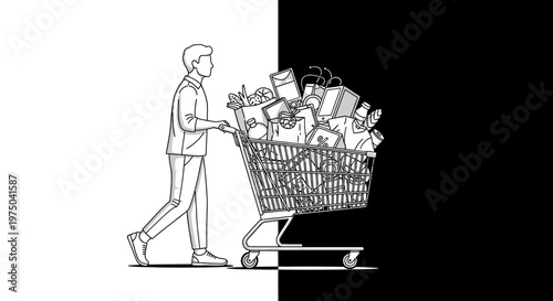 Man pushing shopping cart filled with groceries.