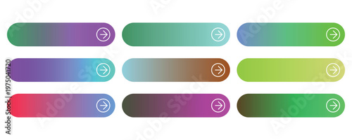 Modern gradient web buttons set, colorful UI call to action elements with arrow icons, 9 rounded rectangular navigation bars for website design