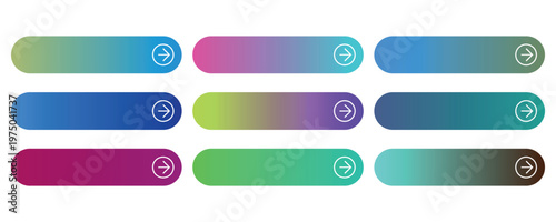 Modern gradient web buttons set, colorful UI navigation bars with arrow icons, 9 vector call to action elements for website and app design