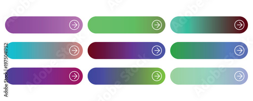Modern gradient web buttons set, 9 colorful rounded call to action banners with arrow icons, vibrant UI UX interface elements for website design