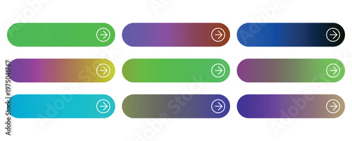 Modern gradient web buttons set, colorful rounded call to action banners with arrow icons, 9 vibrant interface elements for website design