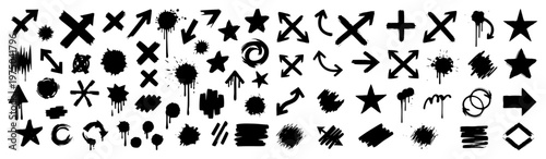 Collection of hand drawn street art icons with ink splats and arrows in grunge style