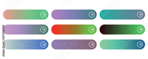 Modern gradient web buttons with arrow icons, set of 9 colorful UI navigation elements, sleek rounded call to action bars for website design