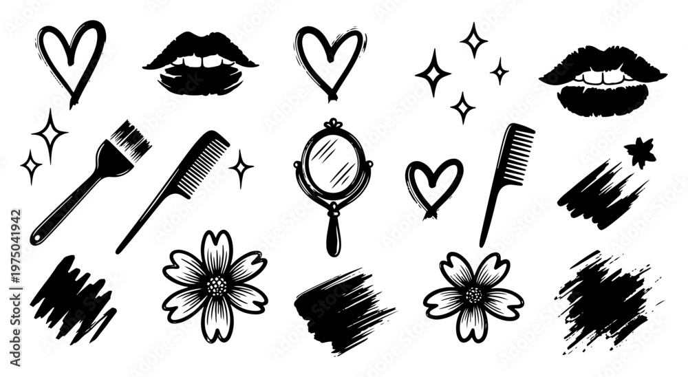 Φωτογραφία Hair salon and beauty elements set with mirror comb and heart icons in hand draw