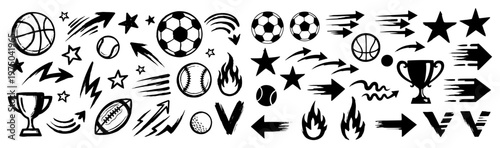 Sports equipment and competition icons including balls trophy and speed arrows in hand drawn vector style