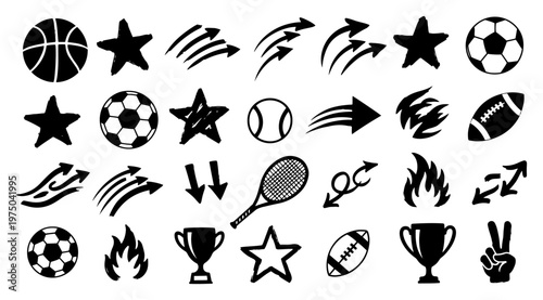 Sports icons and game symbols collection in hand drawn doodle style