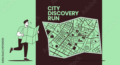 Man Holding Map City Discovery Run Event Concept Minimalist Design