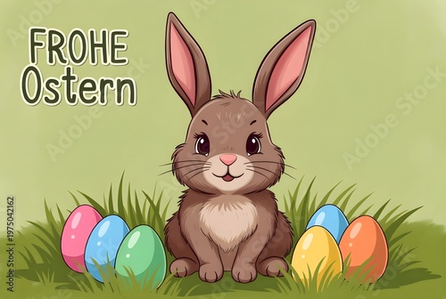 Cute Easter Bunny With Colorful Eggs and Frohe Ostern Greeting on Green Background