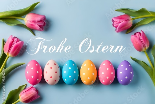 Colorful Polka Dot Easter Eggs and Pink Tulips With Frohe Ostern Greeting on Pastel Blue