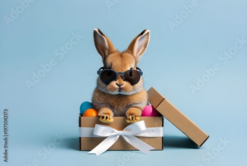 Cute Bunny Wearing Sunglasses Sitting in Gift Box With Colorful Easter Eggs