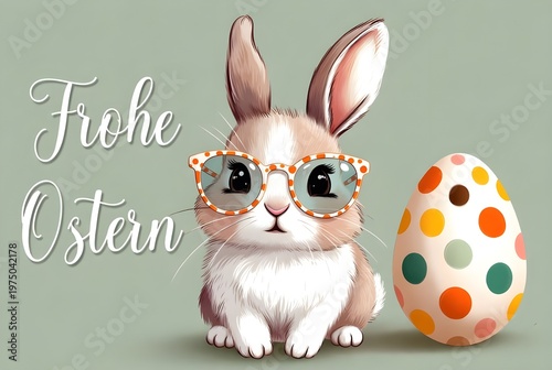 Cute Easter Bunny With Glasses Beside Colorful Polka Dot Egg and Frohe Ostern Greeting
