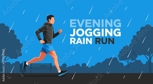 Man Jogging in the Evening Rain Outdoor Activity Illustration