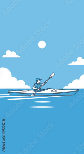 Man Kayaking On Calm Water Under A Bright Sunny Sky