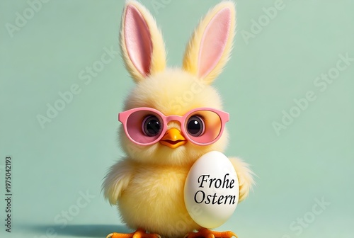 Cute Easter Chick Wearing Bunny Ears and Pink Sunglasses Holding Egg With 'Frohe Ostern' Greeting