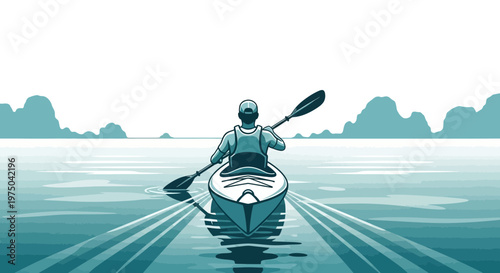 Man Kayaking Through Serene Waters Towards Distant Islands