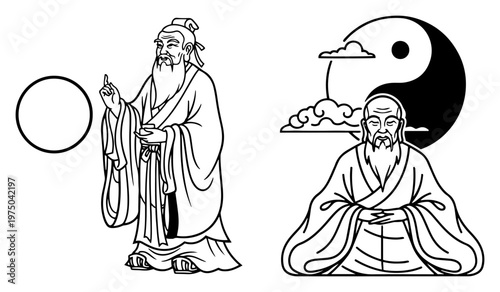 Chinese philosopher meditating with yin yang and enso circle symbols in clean line art style