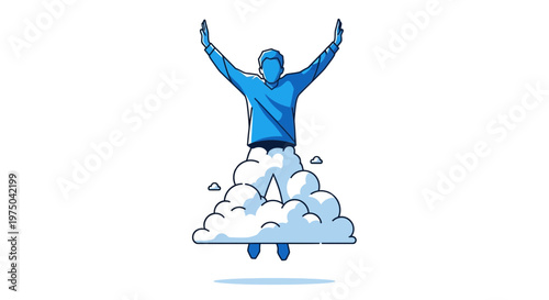 Man Launching Upward In Rocket Boost Clouds Celebrating Success