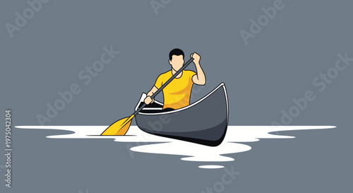 Man Paddling Canoe Water Activity Simple Flat Illustration