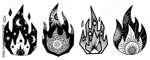 Fire flame silhouettes with mystical celestial patterns in esoteric line art style