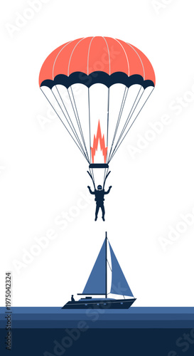 Man Parachuting With Flames Towards Sailboat Below