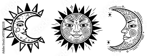 Celestial sun and moon faces with intricate bohemian patterns in decorative line art style