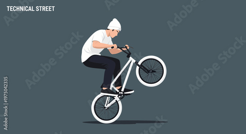 Man Performing Bicycle Wheelie Skillful Extreme Sport Action