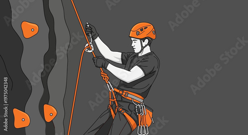 Man Rappelling Down Climbing Wall With Safety Gear Ascending Adventure