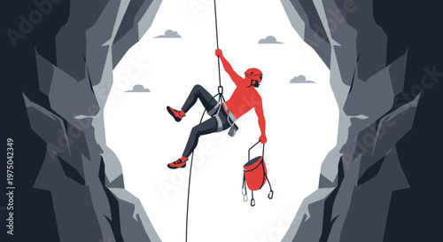 Man Rappelling Down A Steep Cliff Face Surrounded By Mountains