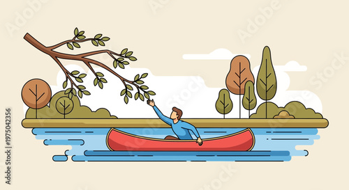 Man Reaching For Tree Branch While Canoeing Along Serene River With Autumn Trees