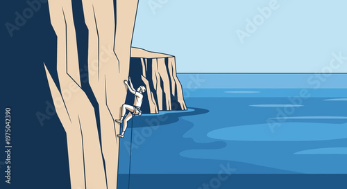 Man Rock Climbing Beside Ocean Waters With Cliff Face Background