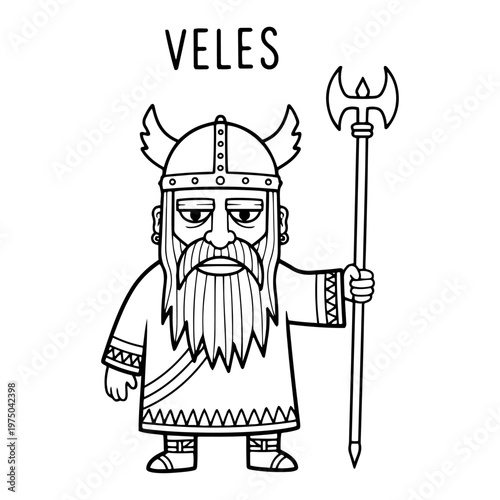 Veles Slavic god character with horned helmet and staff in minimalist line art style