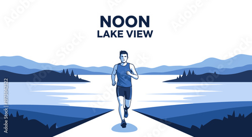 Man Running Lakeside Scenic Mountain Vista Midday