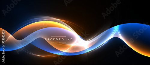 Abstract waves, vibrant colors, dynamic flow. Dark background emphasizes bright orange, blue hues. Modern design element.